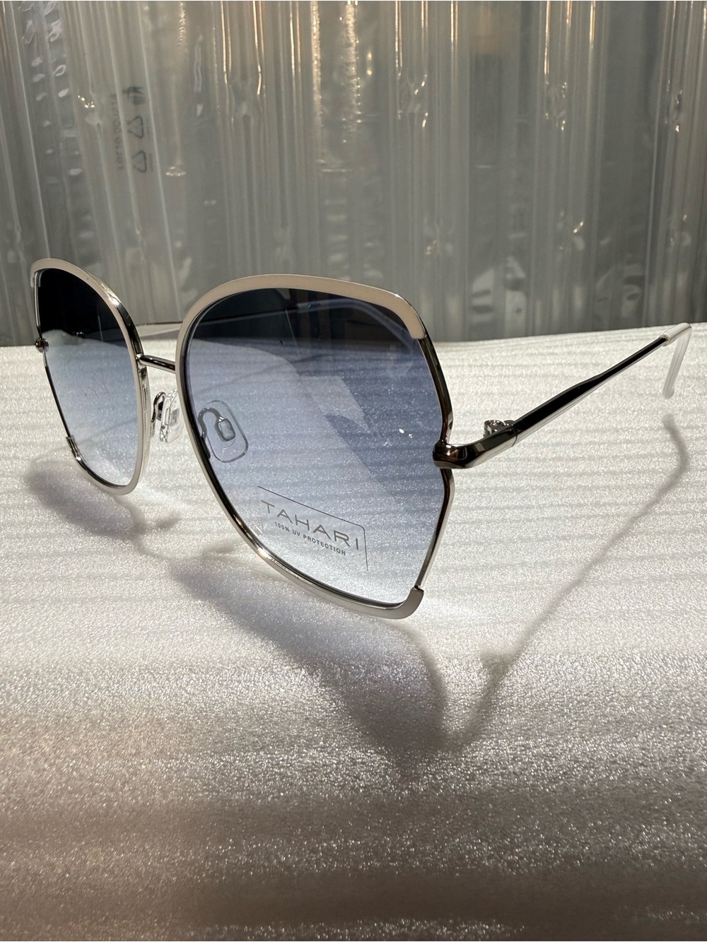 TAHARI-Women’s Oversized Metal Butterfly Sunglasses-Silver Blue Gradient Lenses